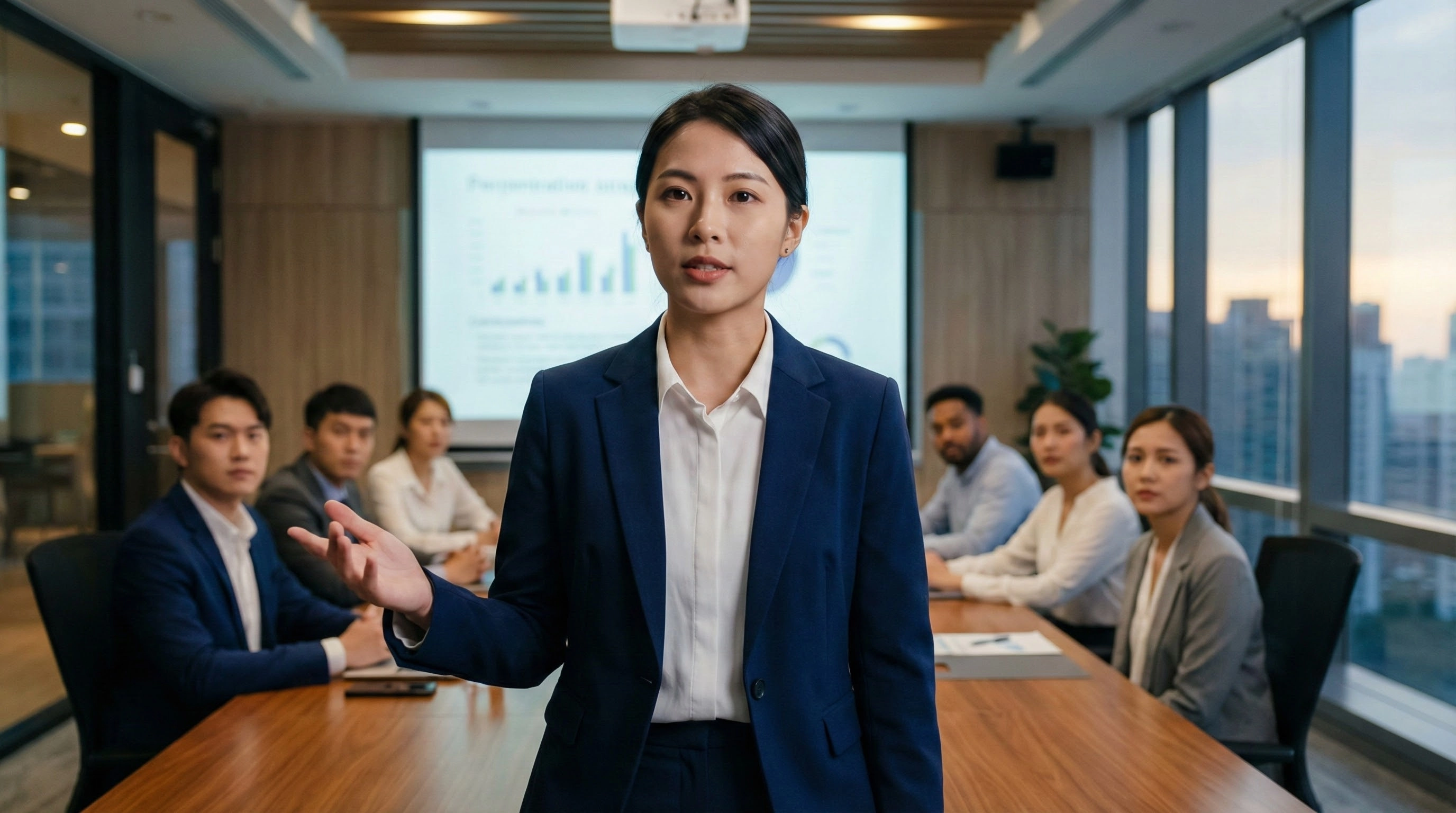 穿著藏青色西裝外套進行簡報的專業女性
