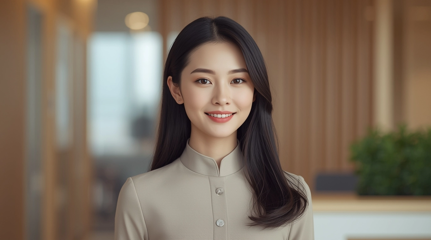 女裝團體制服大地色與柔和色系示範，展現親和溫暖與高品質服務形象。
