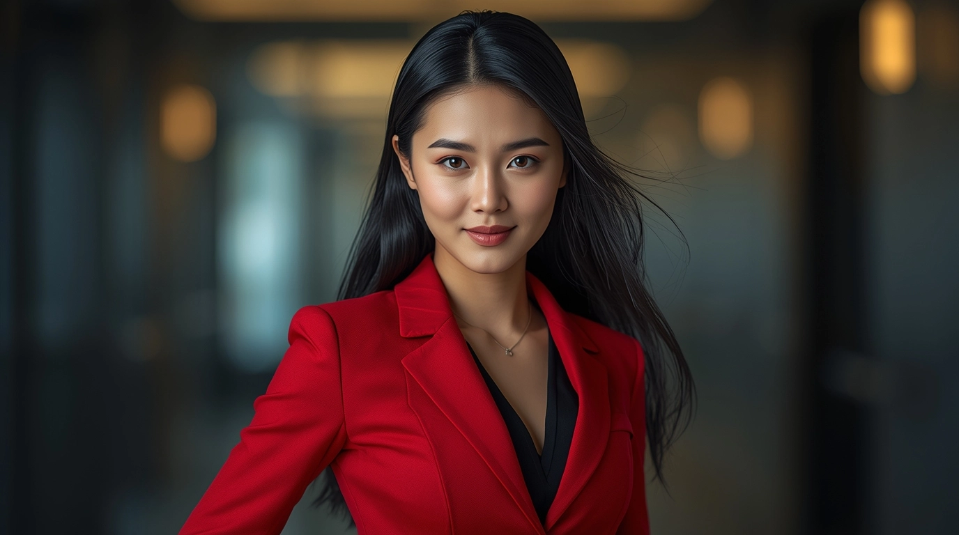 女裝團體制服紅色設計，象徵活力、熱情與積極行動力的企業形象。