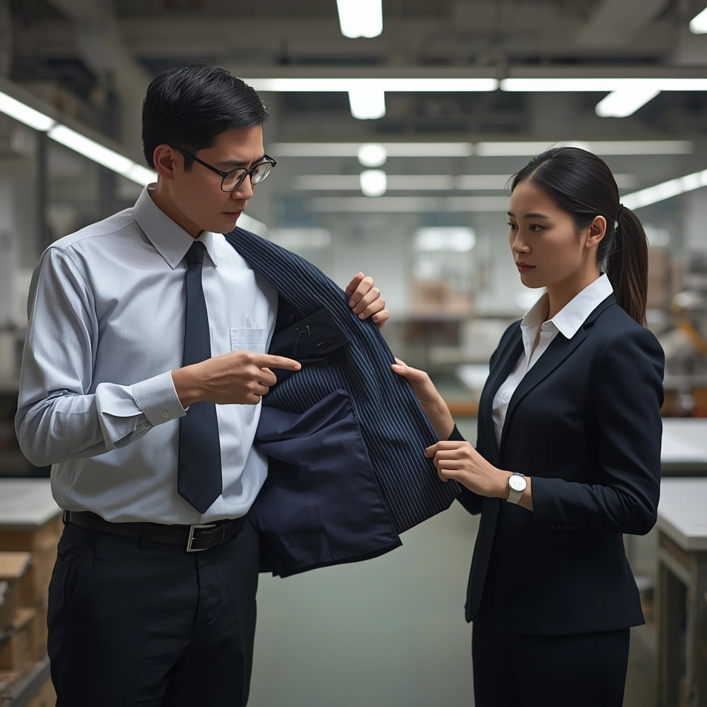 採購人員與制服廠長檢視樣衣內裡車縫線確保品質