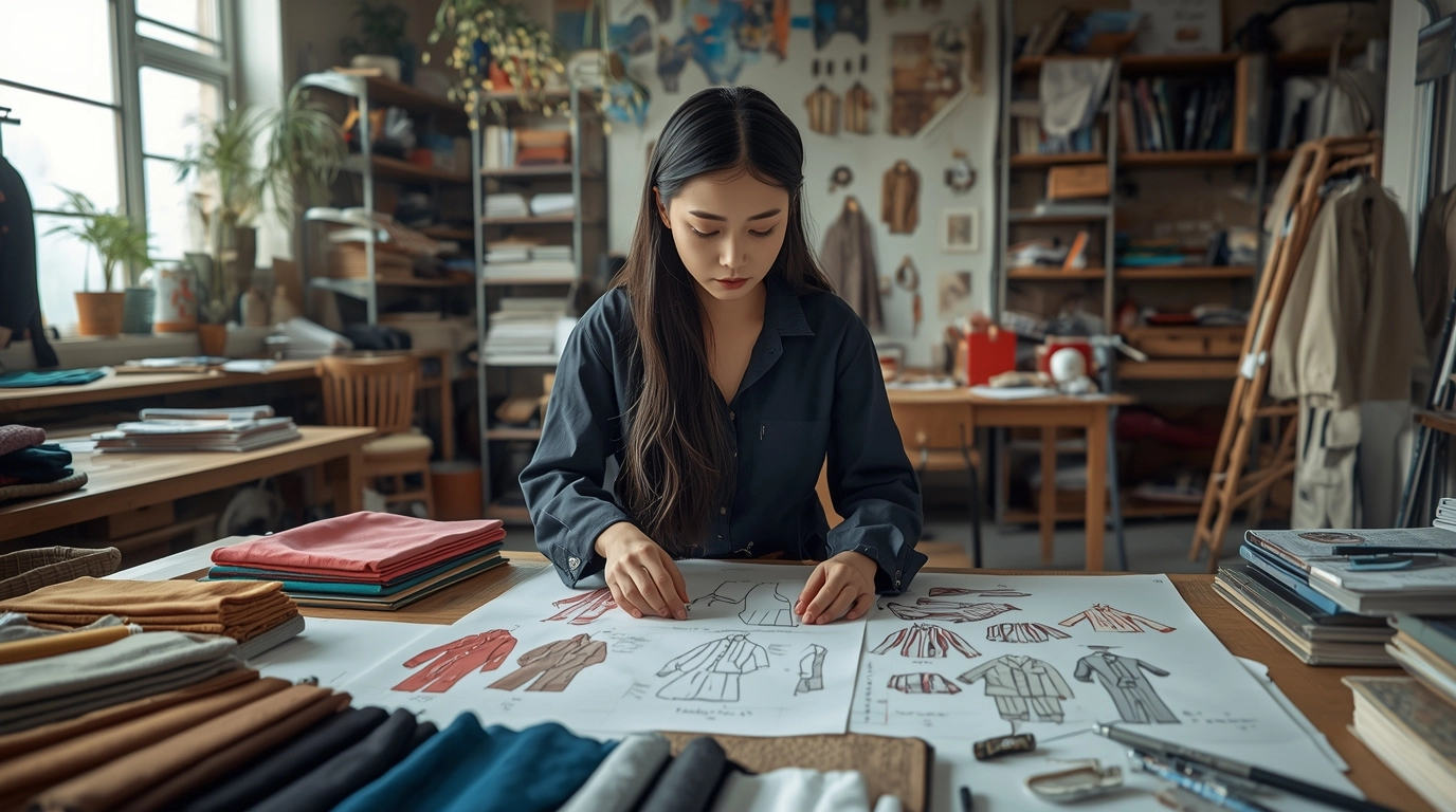 女裝團體制服布料挑選與設計討論，展示布料色卡、款式草圖與企業制服造型規劃過程。