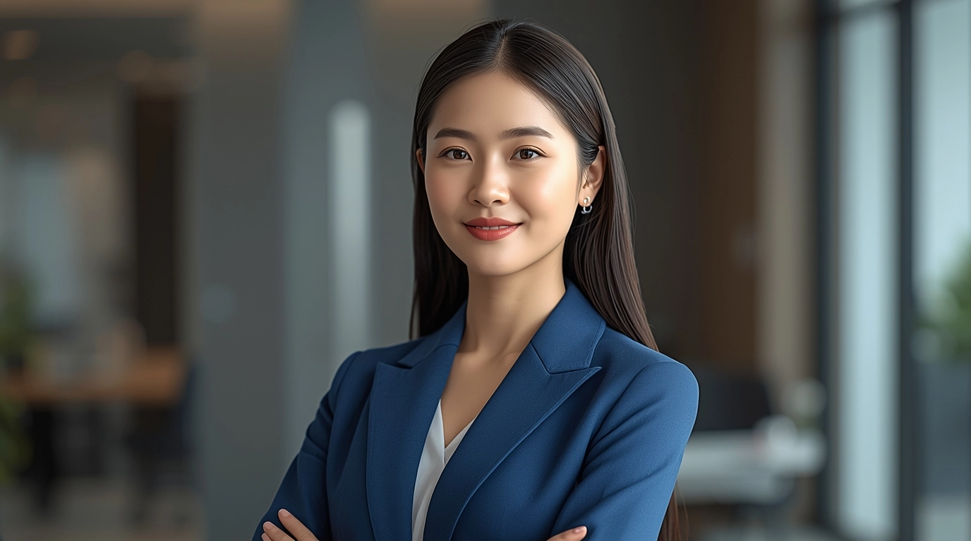 女裝團體制服藍色款示範，展現專業、穩定與高信任度的品牌形象。