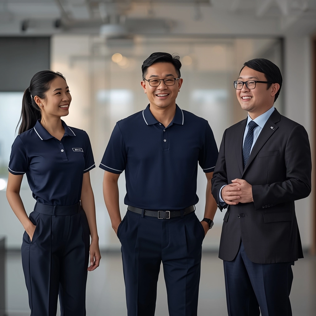 台灣企業員工穿著藏青色高質感制服展現專業與時尚包容力